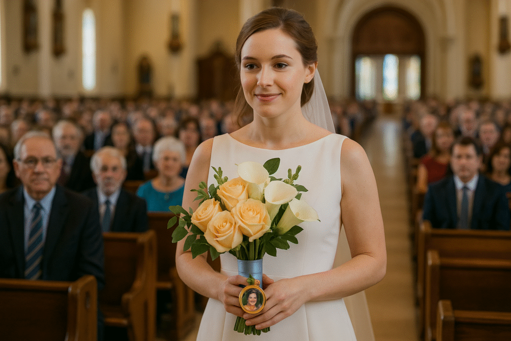 Buquê de noiva com relicário dourado pendurado, representando lembrança e amor eterno no dia do casamento.