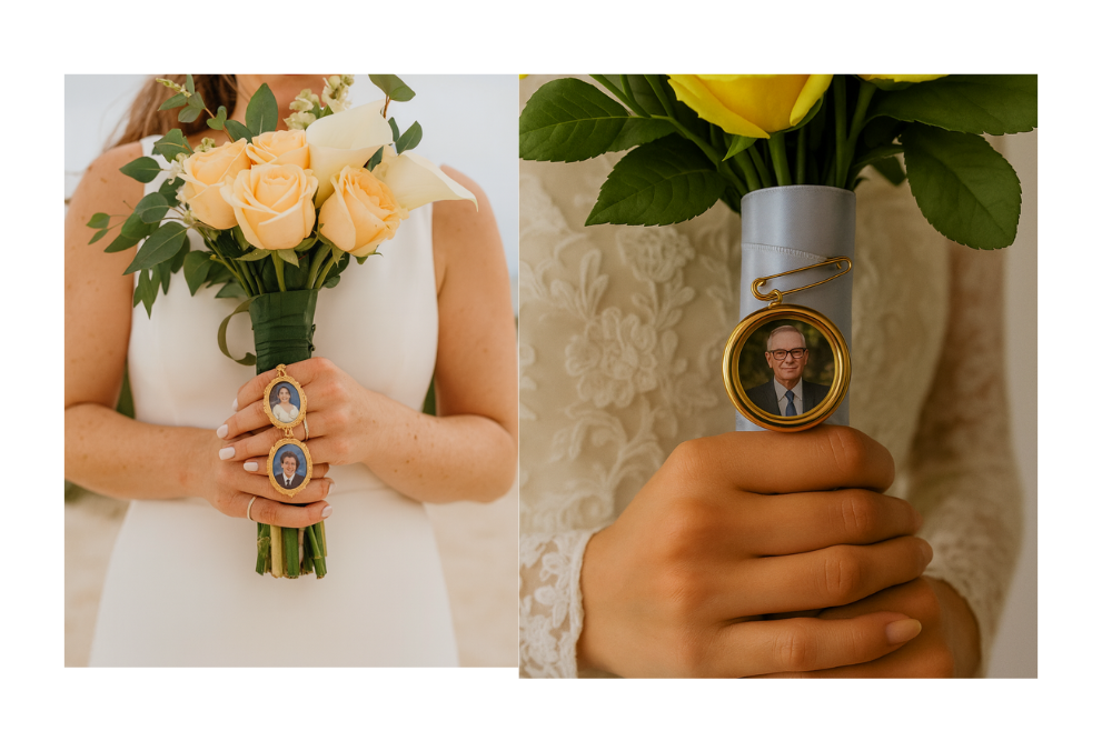 Buquê de noiva com relicário prateado preso com fita de cetim, representando memória e afeto no casamento.